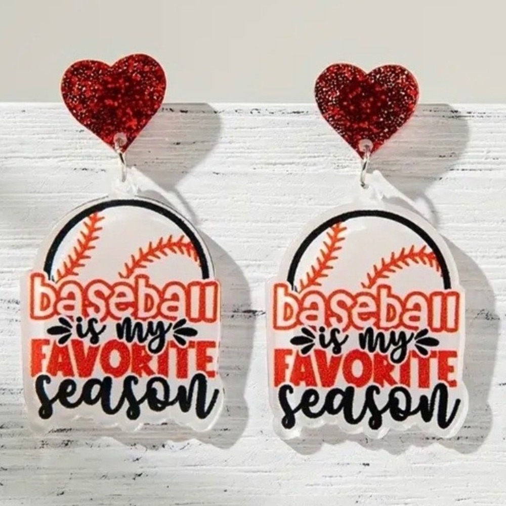 Baseball Favorite Season Earrings‎ Women OS Red White Glitter Heart Drop New